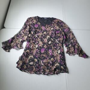90s Y2K Whimsigoth Fairy Blouse Women 1X Black Purple Floral Silk Sheer Bell Top